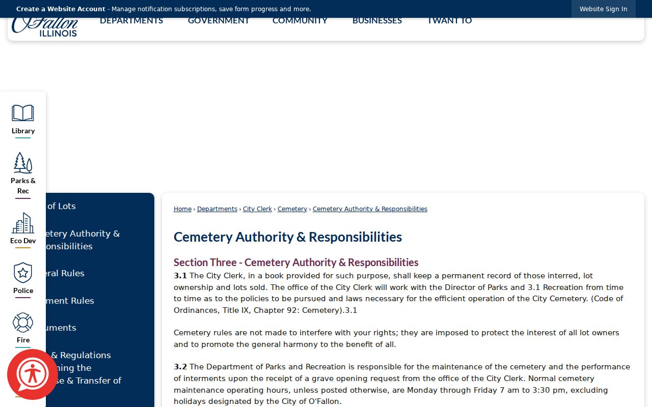 O'Fallon Cemetery Authority recordkeeping responsibilities