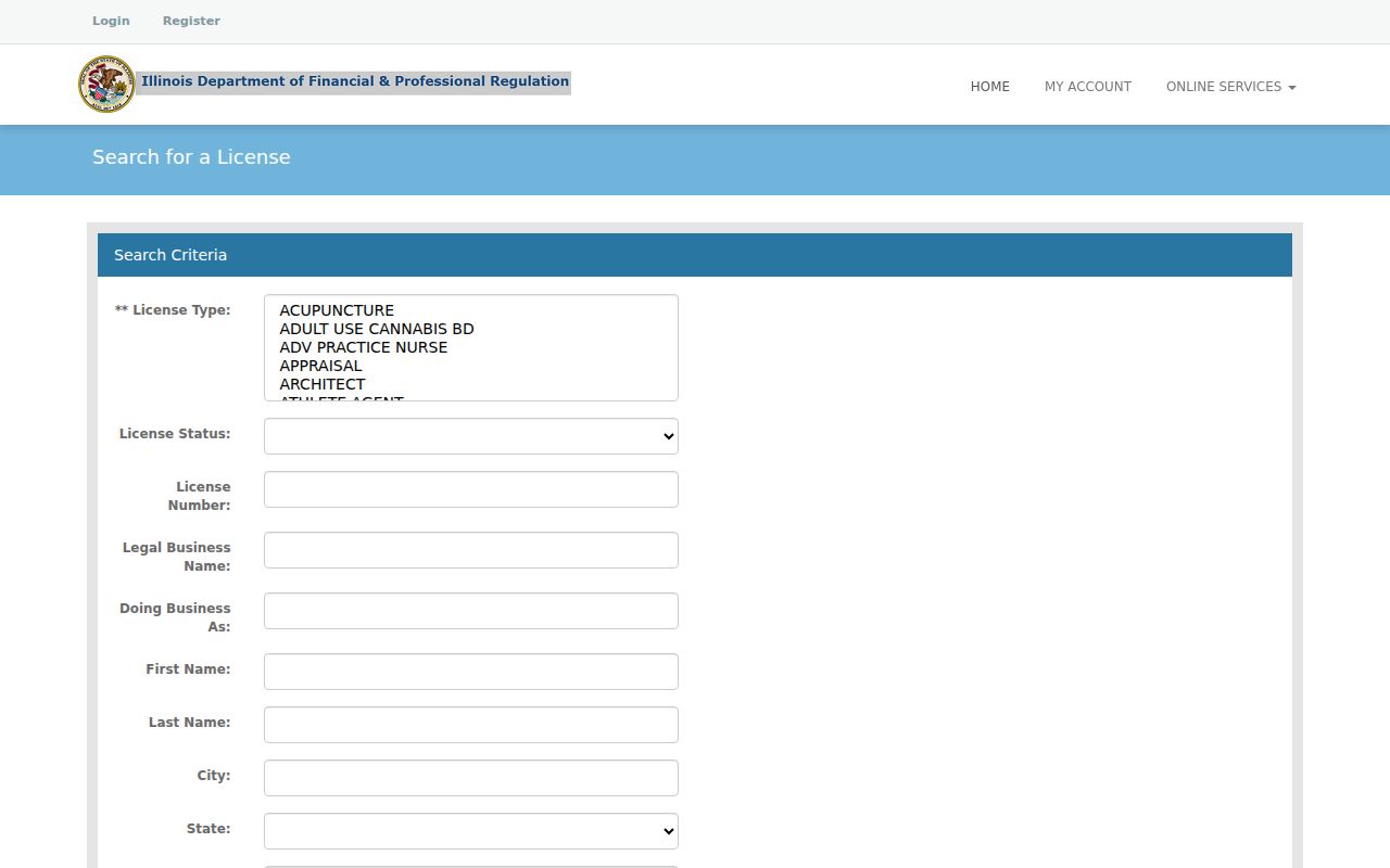 Illinois IDFPR professional license search used to verify an O'Fallon name